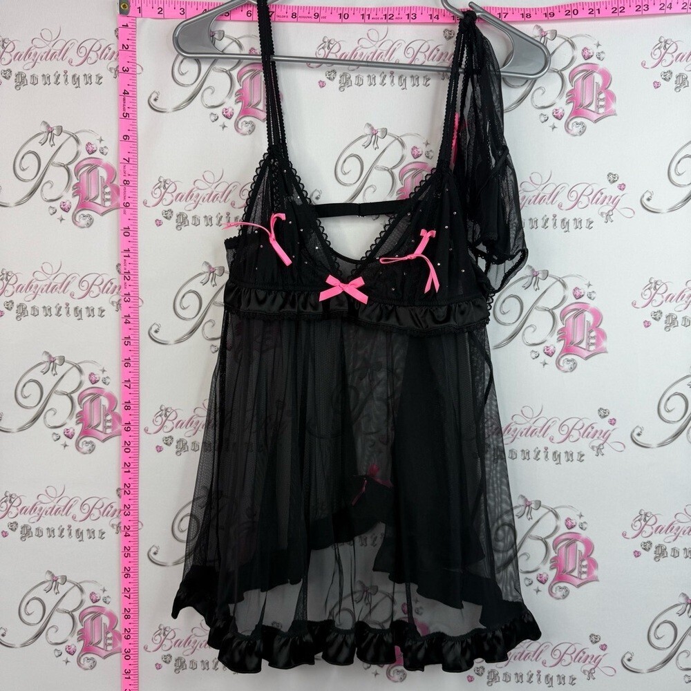 Victoria's Secret set 2 piece sexy little things Black Mesh Babydoll Pink Accent